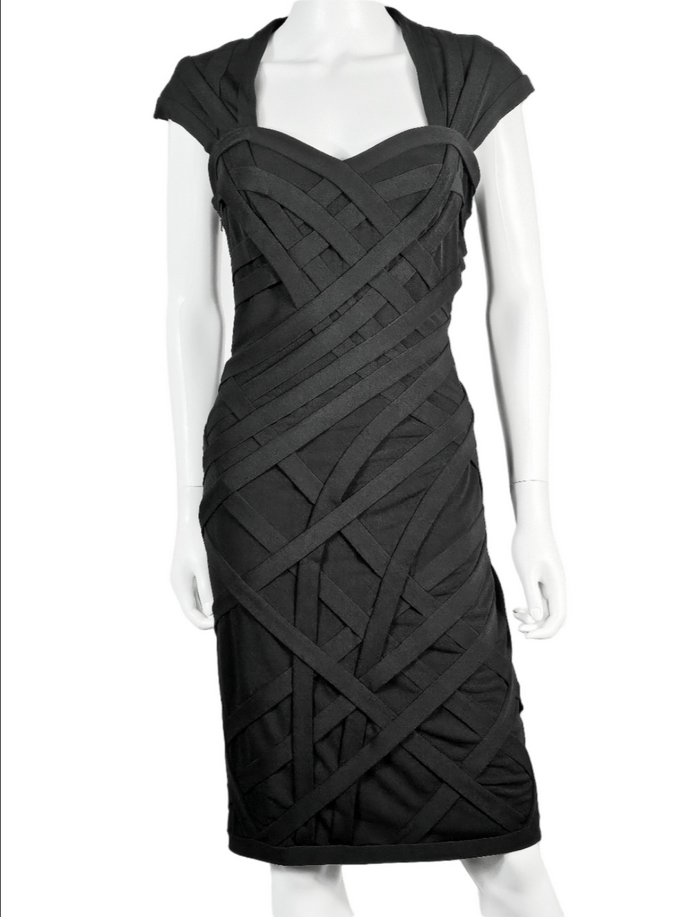 Tadashi Shoji Black Bandage Bodycon Sweetheart Neckline Cap Sleeve Dress